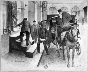En deposition av kronor vid kassadisken, graverad av Chaivire (1800-talet) 1897